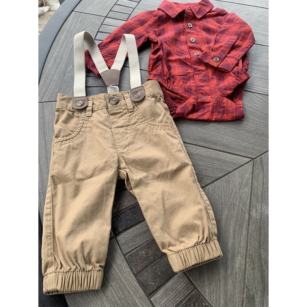 Cat & Jack Newborn Size Khaki Suspenders And Matching Plaid Shirt New